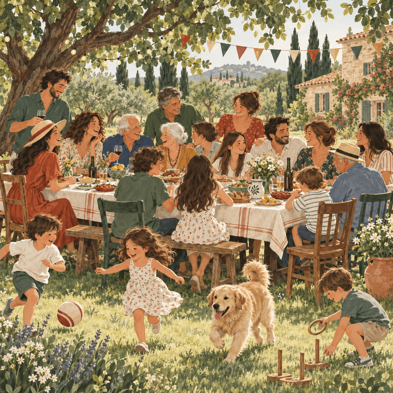 Illustration d’une grande famille réunie autour d’une table en plein air, toutes générations confondues